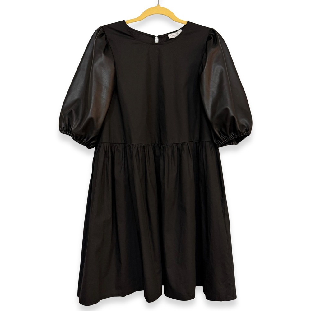 Mud Pie Ren Faux Leather Puff Sleeve Babydoll Dress Black Medium Whimsigoth